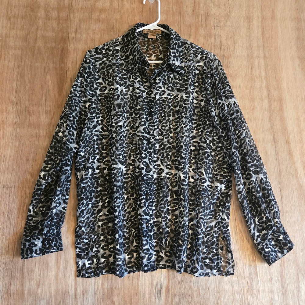Mob Wife Sheer Leopard Print Button Up Blouse Gold Metallic Top L